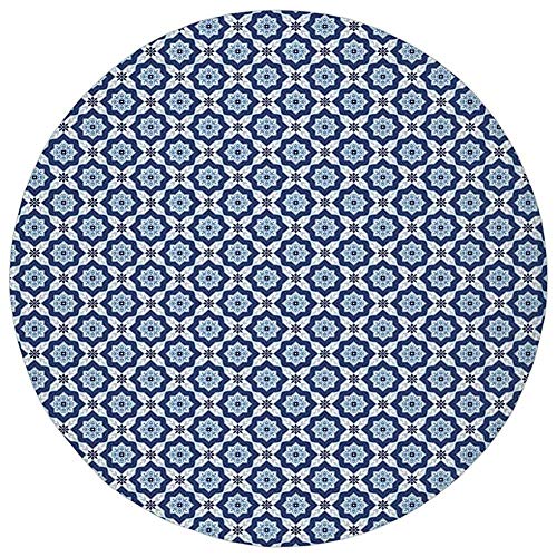 Round Rug Mat Carpet,Moroccan,Azulejo Tile Pattern Diagonal Ceramic Pattern Arabesque Star Design Ornament Decorative,Dark Blue White,Flannel Microfiber Non-slip Soft Absorbent,for Kitchen Floor Bathr