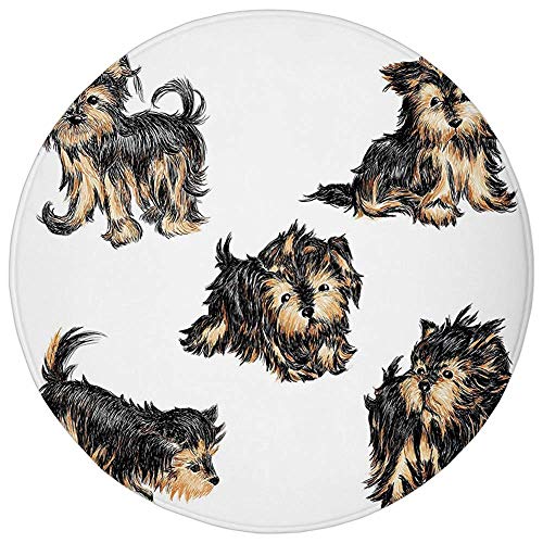 Round Rug Mat Carpet,Yorkie,Hand Drawn Cute Yorkies Realistic Yorkshire Terrier Images Dog Love Cartoon Decorative,Light Coffe Black,Flannel Microfiber Non-slip Soft Absorbent,for Kitchen Floor Bathro