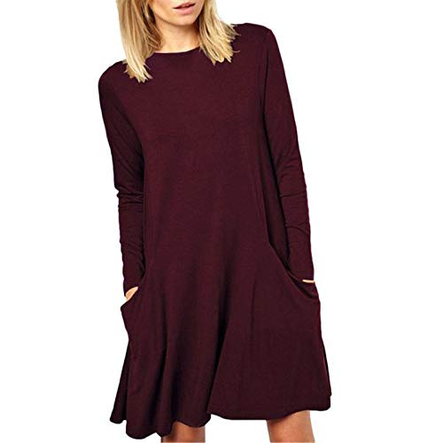 routinfly - Vestido de noche para mujer, de manga larga, monocromo, con escote redondo, con mangas largas, tallas S-3XL, color Rojo, talla Small