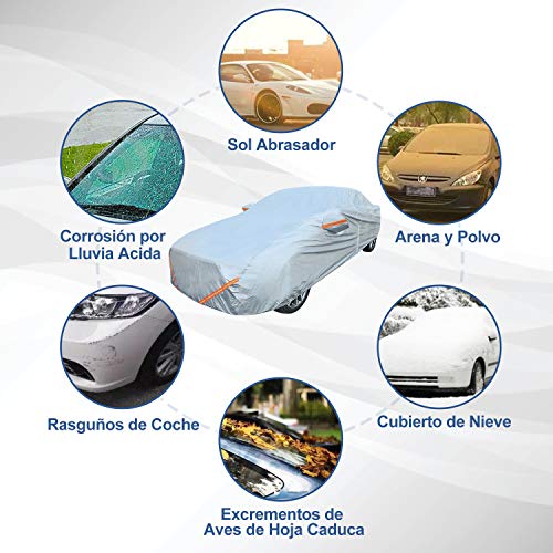 Rovtop Funda para Coche - Cubierta de Coche Impermeable, Capó del Coche, Con Cierre de Puerta，Hecha de Tela Oxford 600D, Lluvia, Nieve, Polvo, Sol Ultravioleta (Plateado)