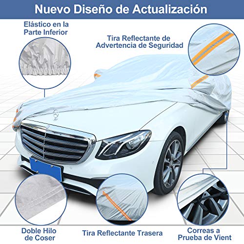 Rovtop Funda para Coche - Cubierta de Coche Impermeable, Capó del Coche, Con Cierre de Puerta，Hecha de Tela Oxford 600D, Lluvia, Nieve, Polvo, Sol Ultravioleta (Plateado)