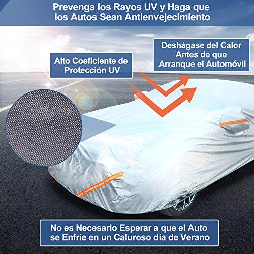 Rovtop Funda para Coche - Cubierta de Coche Impermeable, Capó del Coche, Con Cierre de Puerta，Hecha de Tela Oxford 600D, Lluvia, Nieve, Polvo, Sol Ultravioleta (Plateado)