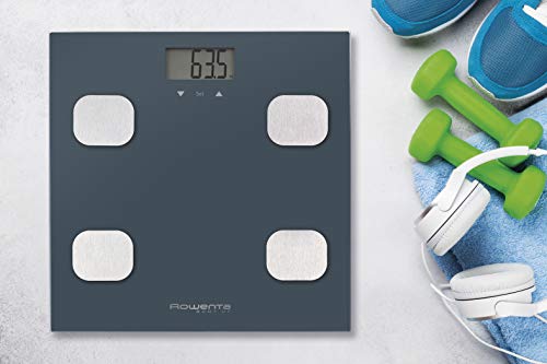 Rowenta Body up BR2520 Báscula de baño con medidor de grasa corporal e IMC, hasta 8 perfiles de usuario, con una gran pantalla LCD, plataforma de vidrio, hasta 150 kg de capacidad, Azul