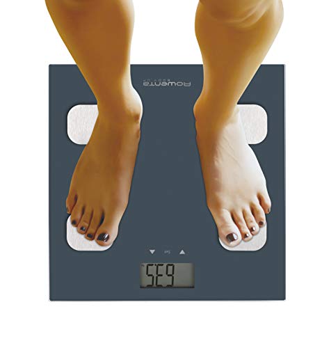 Rowenta Body up BR2520 Báscula de baño con medidor de grasa corporal e IMC, hasta 8 perfiles de usuario, con una gran pantalla LCD, plataforma de vidrio, hasta 150 kg de capacidad, Azul