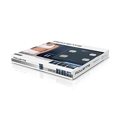 Rowenta Body up BR2520 Báscula de baño con medidor de grasa corporal e IMC, hasta 8 perfiles de usuario, con una gran pantalla LCD, plataforma de vidrio, hasta 150 kg de capacidad, Azul