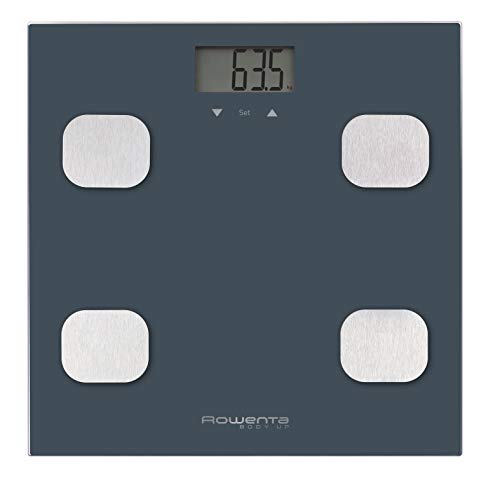 Rowenta Body up BR2520 Báscula de baño con medidor de grasa corporal e IMC, hasta 8 perfiles de usuario, con una gran pantalla LCD, plataforma de vidrio, hasta 150 kg de capacidad, Azul