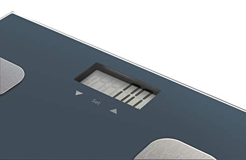 Rowenta Body up BR2520 Báscula de baño con medidor de grasa corporal e IMC, hasta 8 perfiles de usuario, con una gran pantalla LCD, plataforma de vidrio, hasta 150 kg de capacidad, Azul