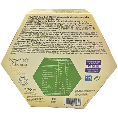 Royal-Vit Jalea Real Studio 20 Viales de 10 ml de Dietisa - Complemento Alimenticio con 500 mg de Jalea Real, Colina, Fósforo, Extracto de Cola y Vitamina B6 - Contribuye a la Concentración, la Buena Memoria y Ayuda a Disminuir la Fatiga
