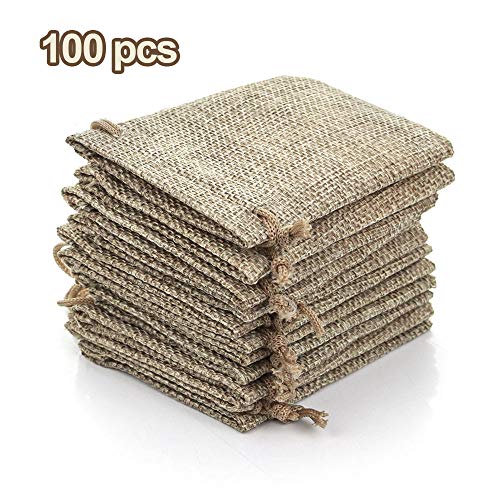 RUBY - 100 Bolsitas Saco de Yute 9cm x 7cm para Regalo joyeria, bolsita para Regalo de Tela de arpillera, Bodas, comuniones, Saco Navidad, reuniones, artesanía de Bricolaje (100pcs Natural)