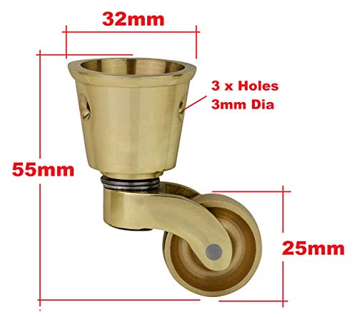 Rueda de latón macizo de alta calidad con rueda de 25 mm (juego de 4) – Latón pulido sólido genuino – Vintage antiguo – Ajuste estilo taza – latón pulido – Empresa del Reino Unido