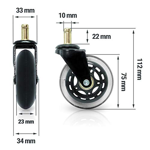 Ruedas para silla de oficina (5 unidades, goma, 10 mm x 22 mm, deslizamiento líquido, muy silencioso, sin arañazos (5 unidades)