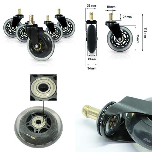 Ruedas para silla de oficina (5 unidades, goma, 10 mm x 22 mm, deslizamiento líquido, muy silencioso, sin arañazos (5 unidades)