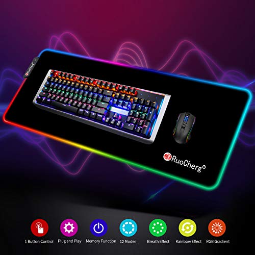 RuoCherg Alfombrillas de Ratón RGB, 12 Modos Led Gaming Mouse Pad con Superficie Impermeable Base de Goma Antideslizante para Gamers, PC y Portátiles