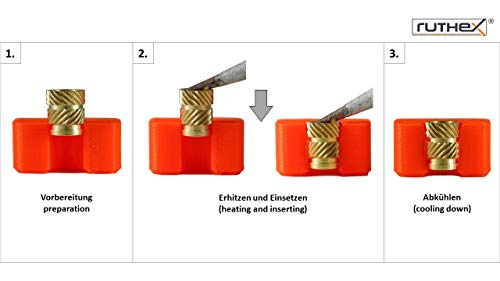 ruthex® inserto roscado M5 (50 piezas) | RX-M5x9.5 Zócalos roscados de latón | Tuerca a presión para piezas de plástico | por calor o ultrasonido en piezas de impresora 3D
