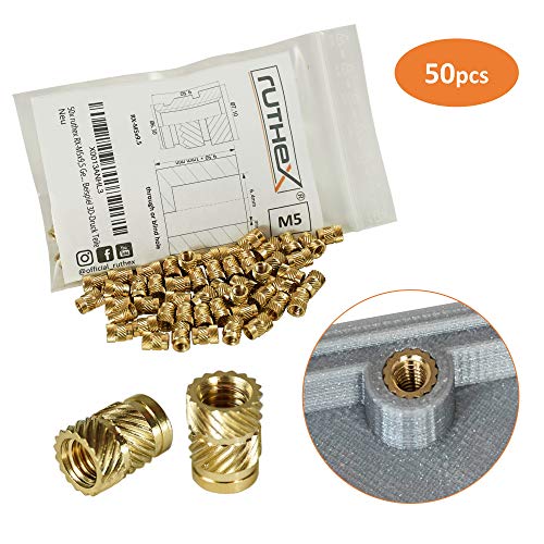 ruthex® inserto roscado M5 (50 piezas) | RX-M5x9.5 Zócalos roscados de latón | Tuerca a presión para piezas de plástico | por calor o ultrasonido en piezas de impresora 3D