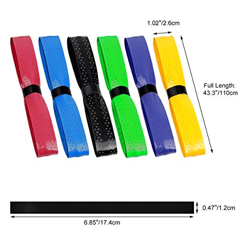 RYACO Cinta Agarres de PU para Raqueta 6pcs, Grip para el Mango Súper Absorbentes Perforados Antideslizantes para Raqueta de Tenis Bádminton Squash Caña de Pescar Alivio de Golpes, Negro Azul Amarillo