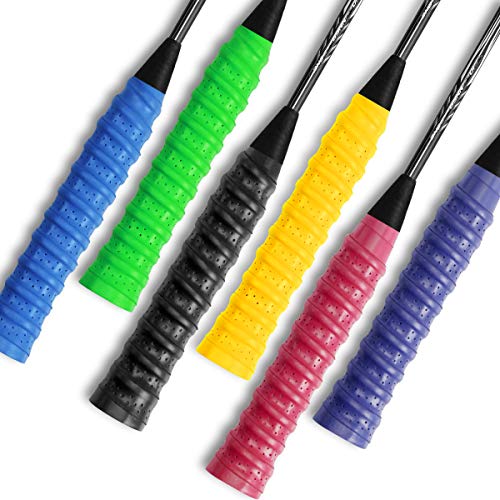 RYACO Cinta Agarres de PU para Raqueta 6pcs, Grip para el Mango Súper Absorbentes Perforados Antideslizantes para Raqueta de Tenis Bádminton Squash Caña de Pescar Alivio de Golpes, Negro Azul Amarillo
