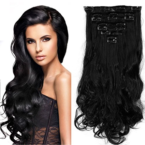 S-noilite® 17" (43 cm) extensiones de cabello cabeza completa clip en extensiones de pelo Ombre ondulado rizado - negro oscuro