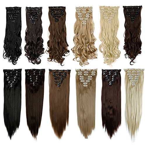 S-noilite® 17" (43 cm) extensiones de cabello cabeza completa clip en extensiones de pelo Ombre ondulado rizado - negro oscuro