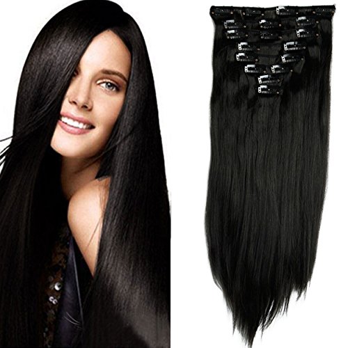 S-noilite Extensiones de Cabello Natural Cabeza Llena Hair Extensions Pedazo de Cabello 8 Piezas 18 Clips Larga Recta 66cm Negro natural