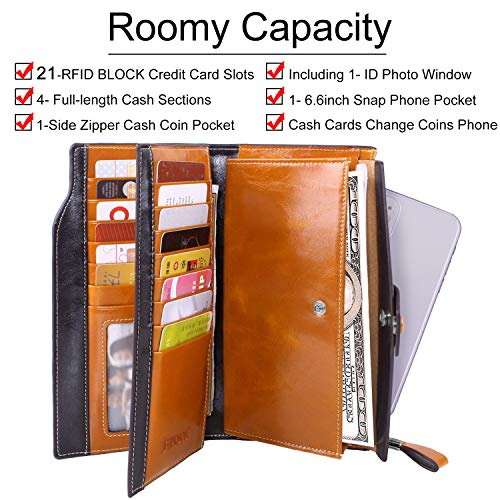 S-ZONE Gran Capacidad Cartera de Cuero de Mujer Bloqueo RFID con Cremallera Bolsillo y Correas de Muñeca con 21 Ranuras para Tarjetas