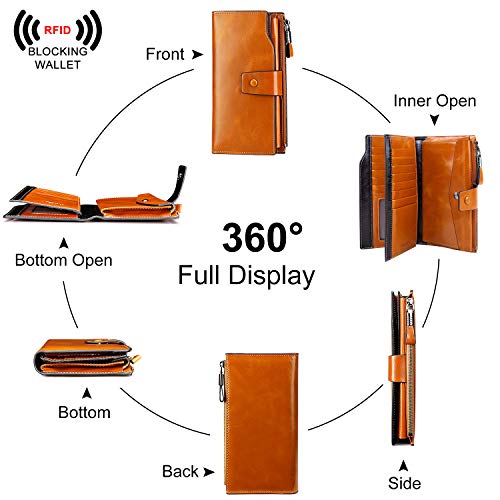 S-ZONE Gran Capacidad Cartera de Cuero de Mujer Bloqueo RFID con Cremallera Bolsillo y Correas de Muñeca con 21 Ranuras para Tarjetas