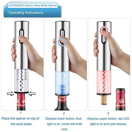 Sacacorchos Eléctrico - LOUISWARE Recargable Automático Abridor de Botellas de Vino, Acero Inoxidable Profesional Abrelatas de Vino Set con Cortador de Hoja