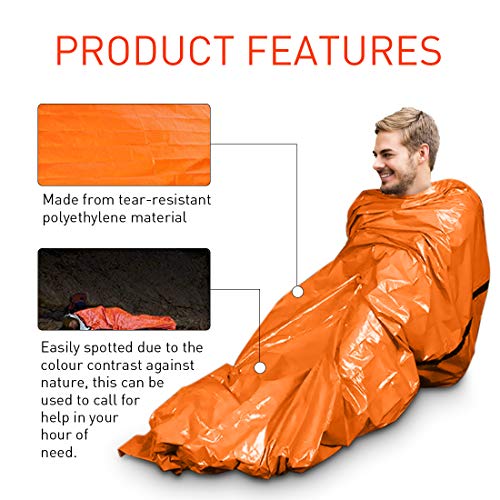 Saco de Emergencia Bivvy Albergue Saco de Dormir Supervivencia Impermeable Manta Hoja de Refugio Aislamiento Térmico Exterior Brillante Naranja Fácil de Localizar Portátil, Pack x 2 uds