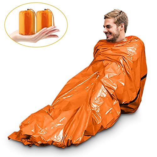 Saco de Emergencia Bivvy Albergue Saco de Dormir Supervivencia Impermeable Manta Hoja de Refugio Aislamiento Térmico Exterior Brillante Naranja Fácil de Localizar Portátil, Pack x 2 uds