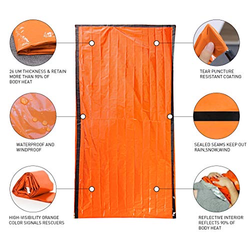 Saco de Emergencia Bivvy Albergue Saco de Dormir Supervivencia Impermeable Manta Hoja de Refugio Aislamiento Térmico Exterior Brillante Naranja Fácil de Localizar Portátil, Pack x 2 uds