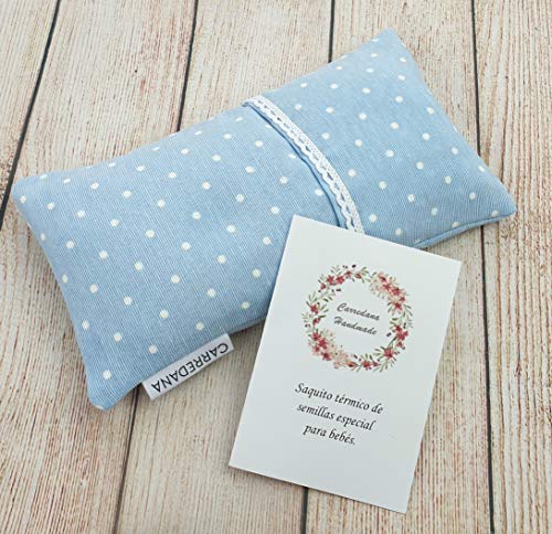 Saco térmico anti-cólicos bebé de semillas de trigo y lavanda.22 x 11cm (Azul topos con puntilla)