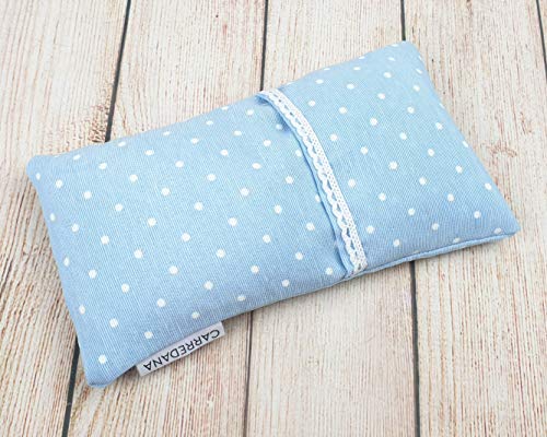 Saco térmico anti-cólicos bebé de semillas de trigo y lavanda.22 x 11cm (Azul topos con puntilla)