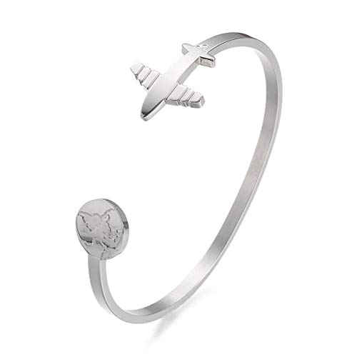 Sadingo - Pulsera para Mujer con diseño de Bola del Mundo - Brazalete Estrecho de Acero Inoxidable, avión y Tierra, Regalo de cumpleaños