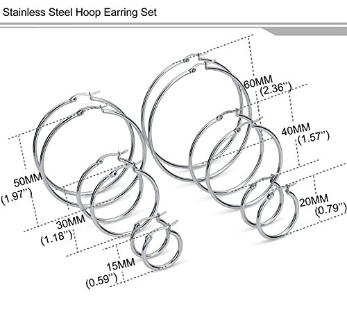 Sailimue 6 Pares Pendientes de Aro Acero Inoxidable Hombre Mujer Conjunto de Aretes,Plateado