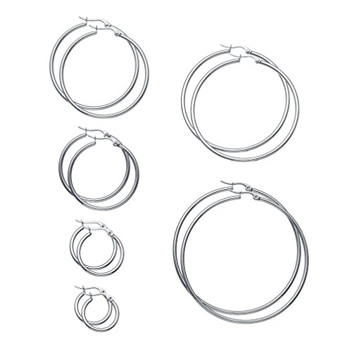 Sailimue 6 Pares Pendientes de Aro Acero Inoxidable Hombre Mujer Conjunto de Aretes,Plateado