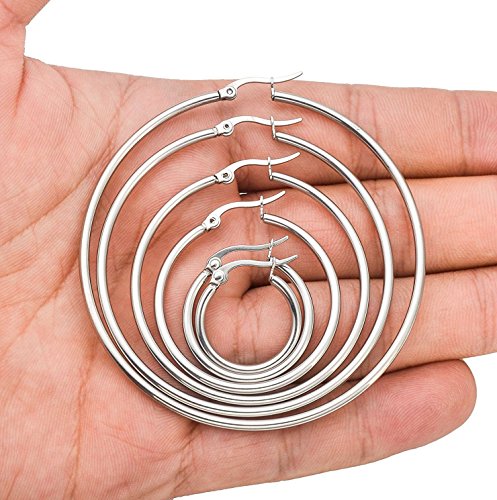 Sailimue 6 Pares Pendientes de Aro Acero Inoxidable Hombre Mujer Conjunto de Aretes,Plateado
