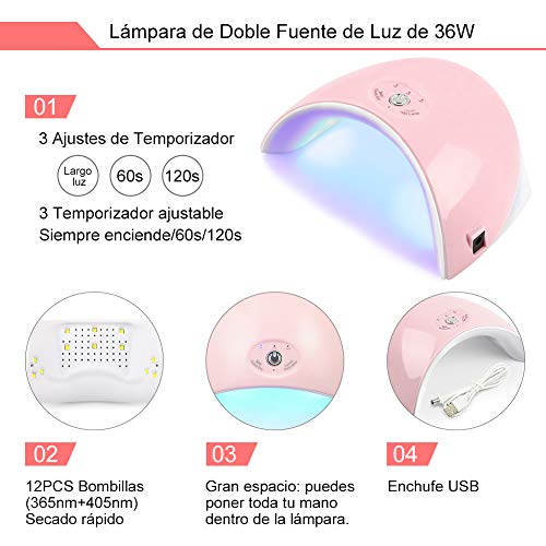 Saint-Acior 36W UV/LED Lámpara Secador de Uñas 12PCS Esmalte Semipermanente Soak off 8ml Top Coat Base Coat Kit de Manicura Pedicura