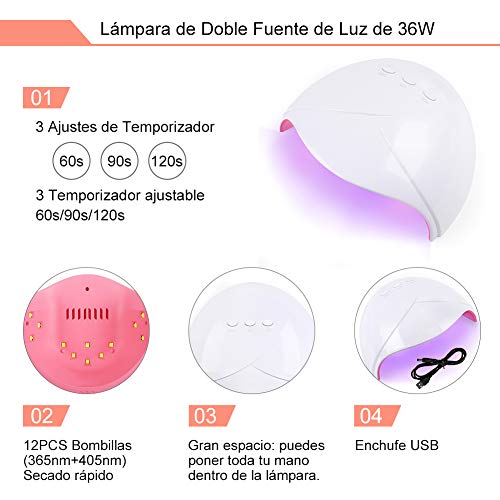 Saint-Acior Kit Uñas de Gel Esmalte Semipermanente Soak off 8ml UV/LED 36W Secador de Uñas Pulidor de Uñas Top Coat Base Coat Kit para Manicura Pedicura