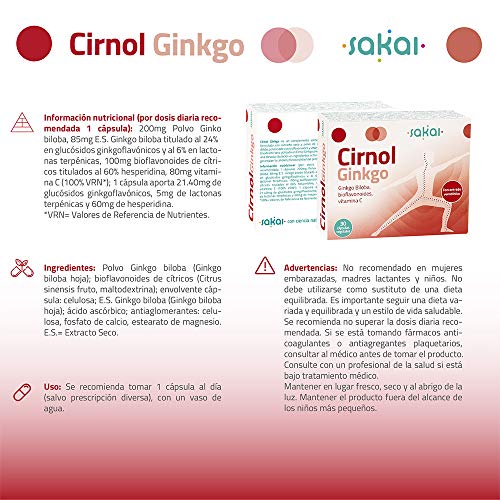 Sakai – Cirnol Ginkgo, Complemento alimenticio a base de polvo y extracto titulado de Ginkgo Biloba, Bioflavonoides y Vitamina C
