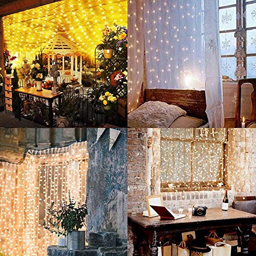 Salcar Cortina de luces LED 3 * 3 metros, 300 LEDs, Luz de la Cortina para navidad, decoracion de fiestas, celebraciones, interiores, 8 programas de cambio de luz (luz cálida)
