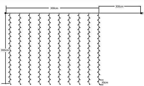 Salcar Cortina de luces LED 3 * 3 metros, 300 LEDs, Luz de la Cortina para navidad, decoracion de fiestas, celebraciones, interiores, 8 programas de cambio de luz (luz cálida)