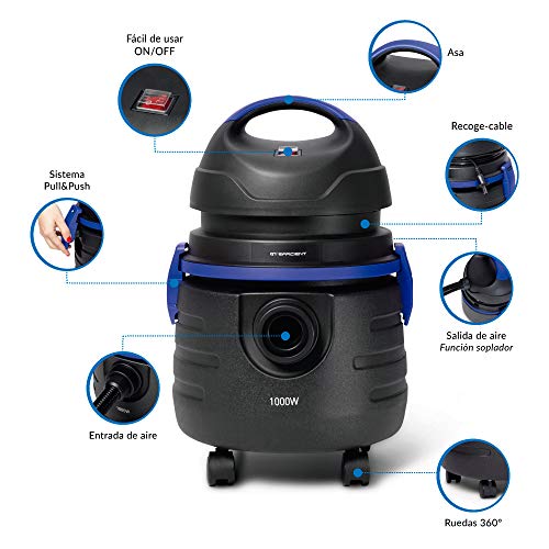 SAMBA Aspirador sólidos y líquidos Q7 Efficient,1000W, Filtro de Agua Lavable, Función Soplador, Capacidad 15l, 85dB, Incluye Accesorios para Tapicerías, Boquilla Estrecha, Soplador, Cepillo de Suelo