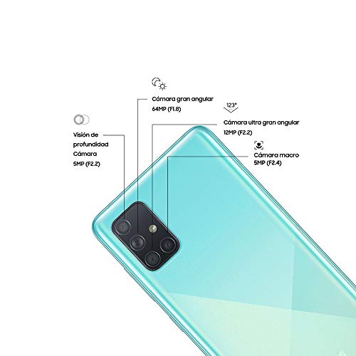 Samsung Galaxy A71 - Smartphone de 6.7" FHD+ (4G, Dual SIM, 6 GB RAM, 128 GB ROM, Cámara Trasera 64.0 MP + 12.0 MP (UW) + 5.0 MP (Macro) + 5 MP, Cámara Frontal 32 MP) Color Azul [Versión Española]
