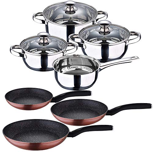 San Ignacio Batería 7 piezas colección Faro y Set 3 sartenes Ø20/Ø24/Ø28 cms, aluminio forjado, antiadherente, inducción