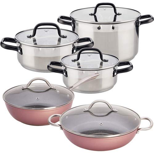 San Ignacio Vita: Batería de Cocina: Cacerolas: Ø20x8,5 (2 L), Ø24x10,5 (4 L) y Ø28x16,5 (9 L) Tartera (Olla Baja) de Ø28x7 (3,4 L) sartén Honda Ø24 cm-Todas con Tapa de Vidrio, aptas para inducción