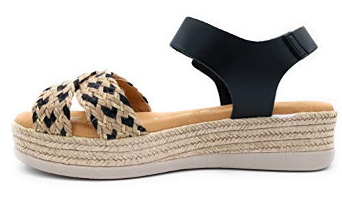 Sandalia cuña Piel Entrelazado con cañamo (Negro, 38)