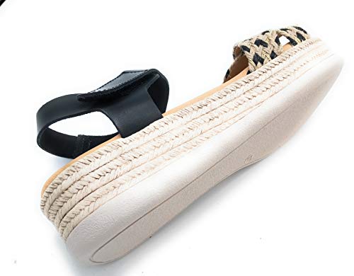 Sandalia cuña Piel Entrelazado con cañamo (Negro, 38)