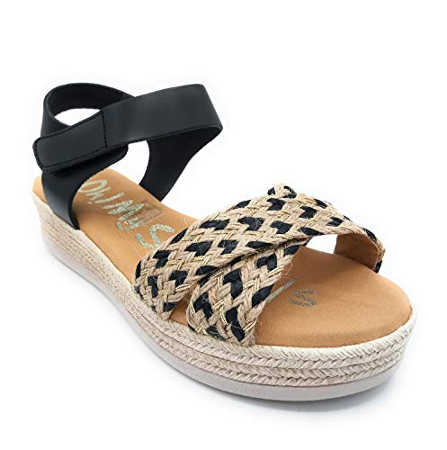 Sandalia cuña Piel Entrelazado con cañamo (Negro, 38)