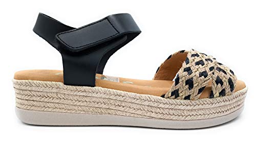 Sandalia cuña Piel Entrelazado con cañamo (Negro, 38)