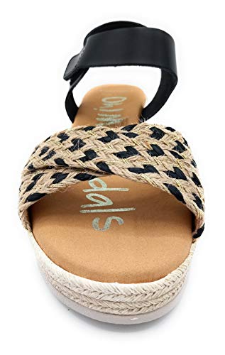 Sandalia cuña Piel Entrelazado con cañamo (Negro, 38)